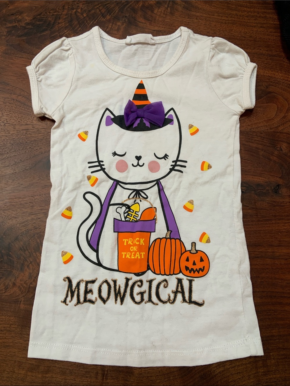 Meowgical White & Purple Halloween Cat Tee - Girls 4T